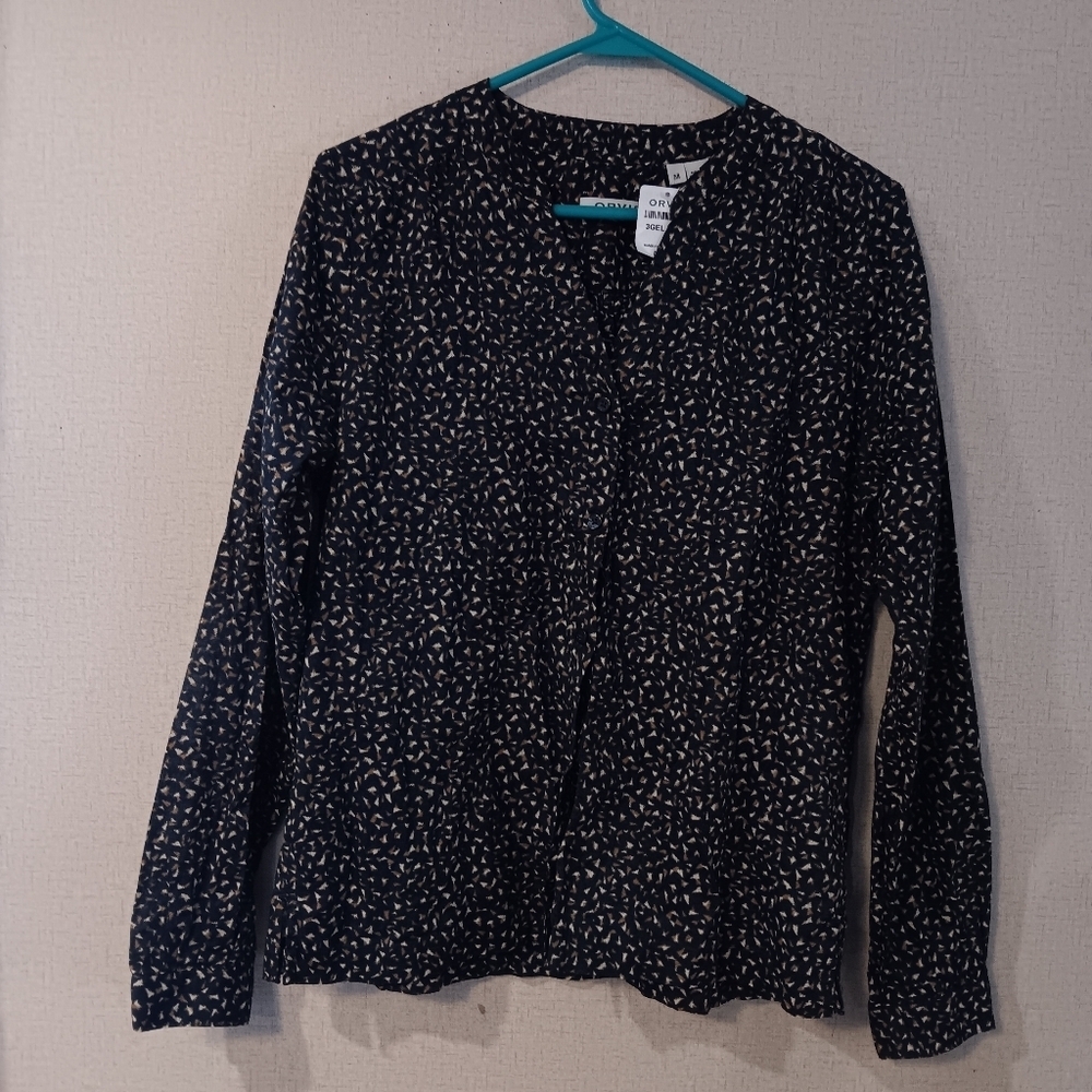 Orvis Dark Blue And Black and Cream Patterned Blouse Sz M